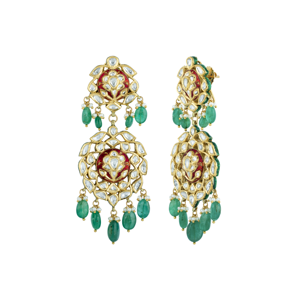 Polki Earrings with Red Enamel Base and Emerald Drops
